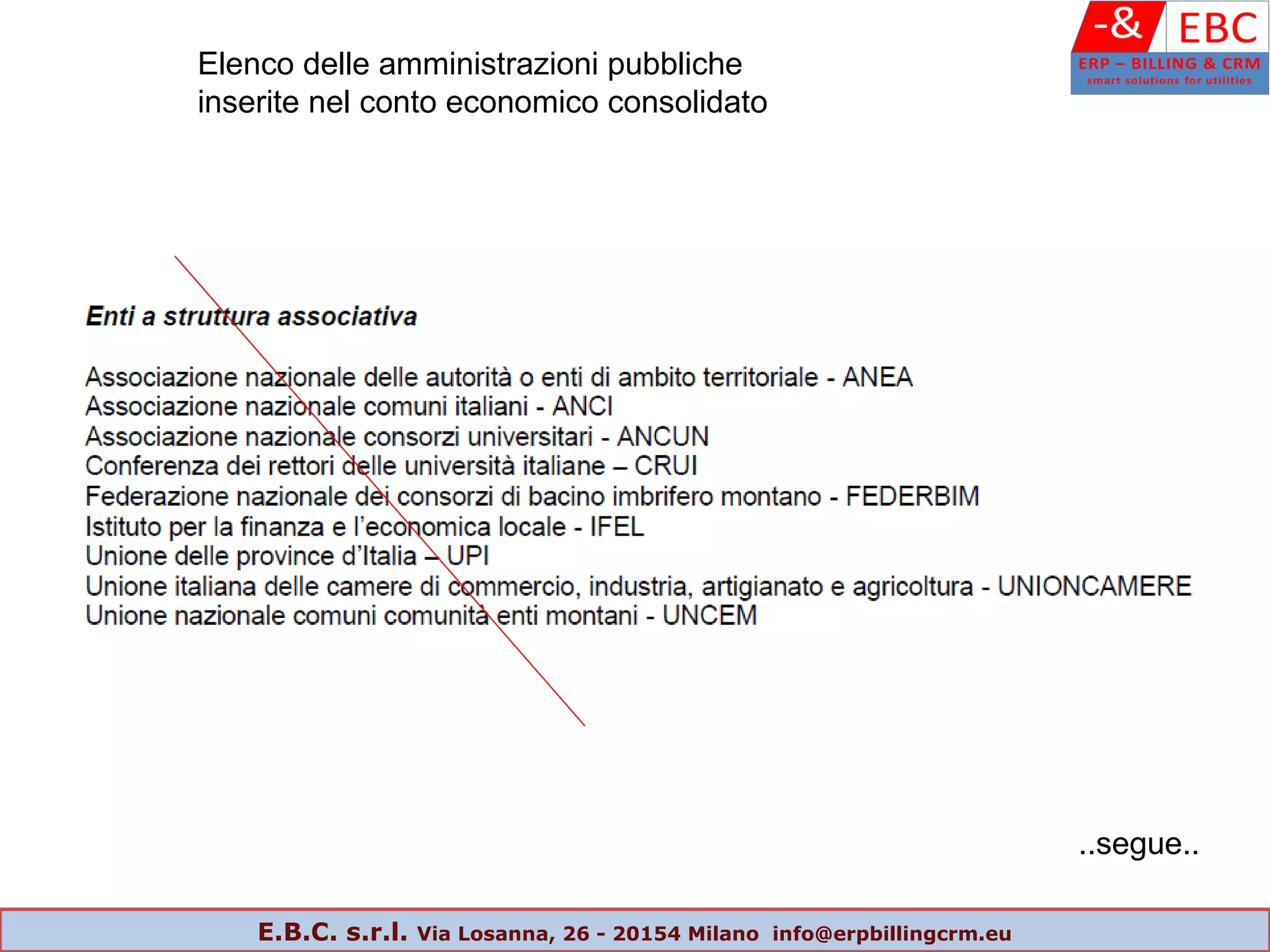 Elenco delle amministrazioni pubbliche
inserite nel conto economico consolidato
..segue..
E.B.C. s.r.l. Via Losanna, 26 - 20154 Milano info@erpbillingcrm.eu
 