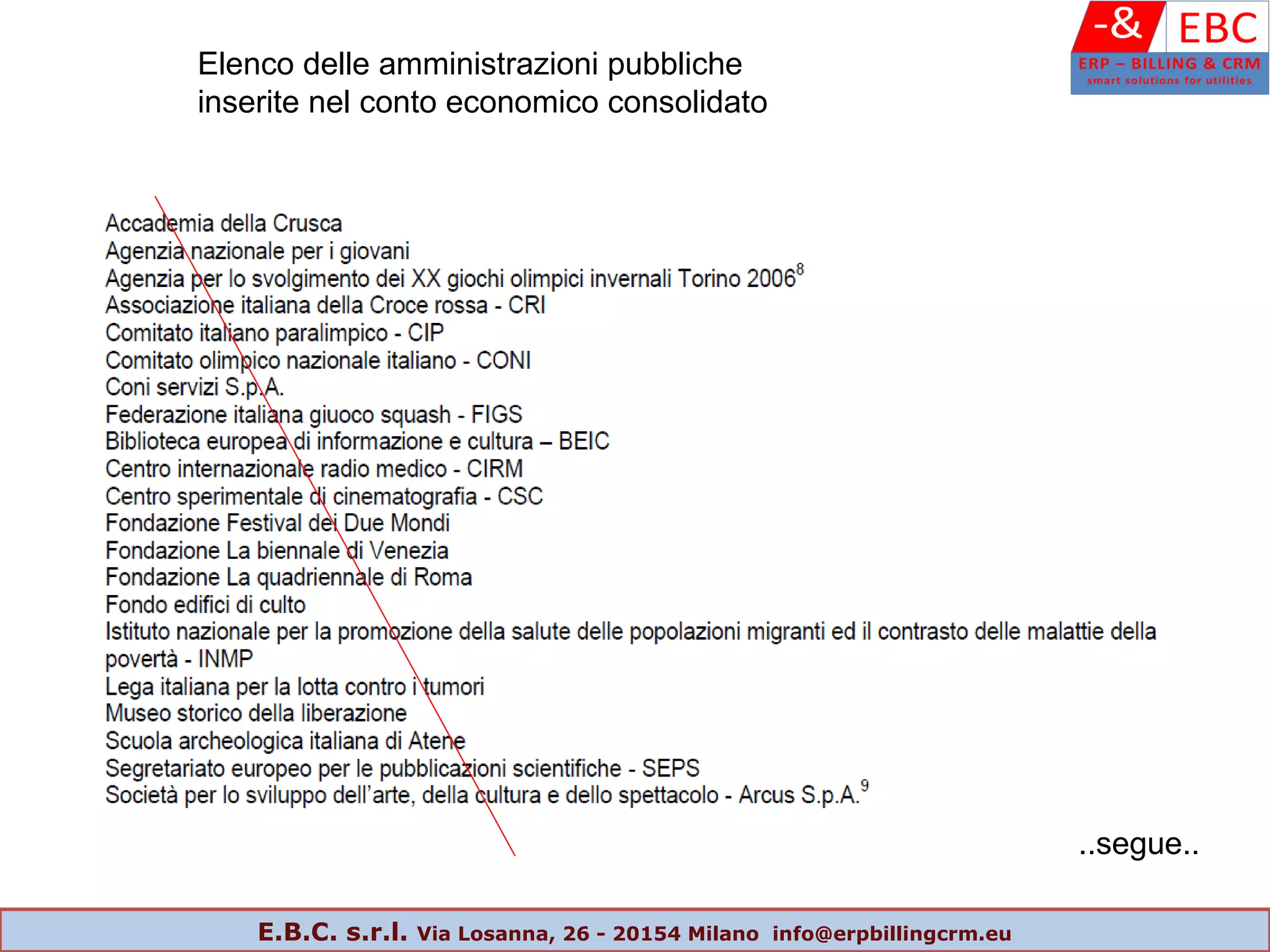 Elenco delle amministrazioni pubbliche
inserite nel conto economico consolidato
..segue..
E.B.C. s.r.l. Via Losanna, 26 - 20154 Milano info@erpbillingcrm.eu
 