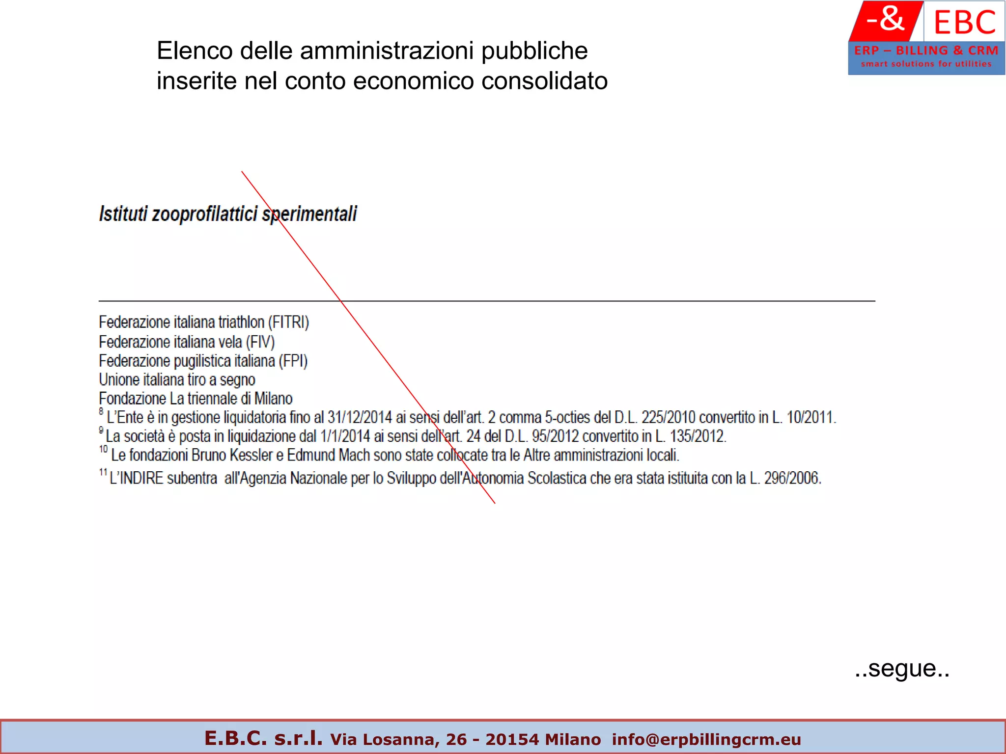 Elenco delle amministrazioni pubbliche
inserite nel conto economico consolidato
..segue..
E.B.C. s.r.l. Via Losanna, 26 - 20154 Milano info@erpbillingcrm.eu
 