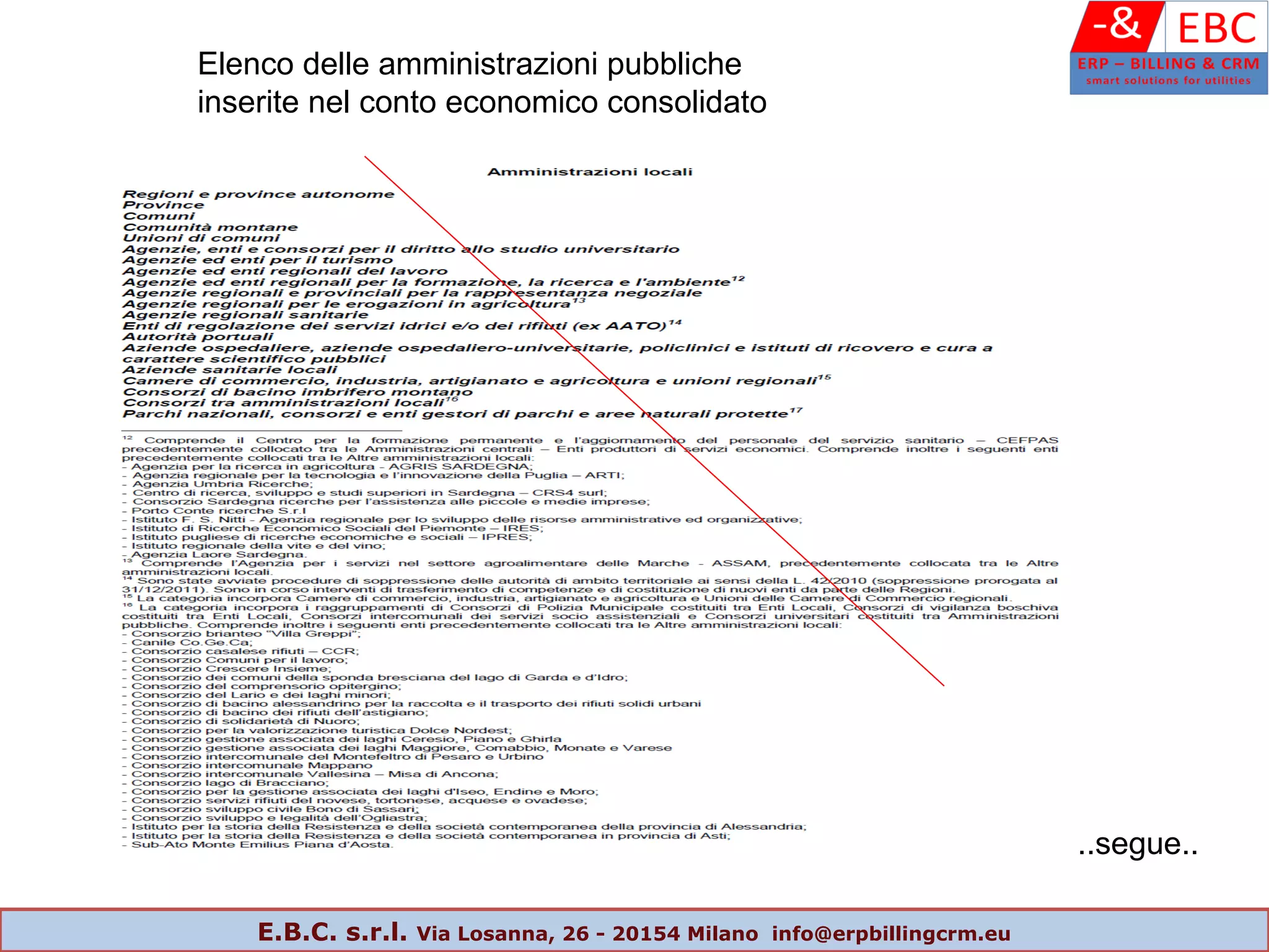 Elenco delle amministrazioni pubbliche
inserite nel conto economico consolidato
..segue..
E.B.C. s.r.l. Via Losanna, 26 - 20154 Milano info@erpbillingcrm.eu
 