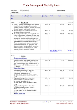 Trade Breakup with Mark Up Rates
Job Name : SOFTWARE-1-2 Job Description
Client's Name:
Item DescriptionItem AmountRateUnitQuantity
No.
STAIRCASETrade : 2 (Continued)
15.00 m75mm x 38mm x 3mm thick matt black powder
coated mild steel rectangular hollow section
handrail;complete with bends and ends; including
forming recess on underside for core rail
18 316.95 4,754.31
15.00 m8mm black powder coated mild steel flat bar
welded to mild steel balustrade
19 42.50 637.56
15.00 m974mm high balustrading, including bends and
ramps; compromising 28 number of 15mm mild
steel round bars baluster; one welded to core rail
and one end fishtailed and build into concrete;
with 10mm diameter vertical rail mild steel round
bar black powder coated welded to flat bar at
75mm centres; one end welded to core rail and
the other end welded to and including 15mm
diameter black powder coated mild steel round
bar as bottom rail; allcut, welded and framed
together; fixing in position to concrete.
20 470.98 7,064.81
STAIRCASE Total : 40,573.74
DOORSTrade : 3
Precast concrete lintel
13.00 m100mm x 200mm depth precast concrete grade
25 lintel reinforced with 4 nos 10mm diameter
high tensile bars ands 6mm mild steel stirrup at
250mm center and bedded in cement and sand
(1:3) mortar
1 87.75 1,140.85
Metal Door Frame
4.00 noSupply and fix in position 1.0mm thick
metal door frame overall size 900mm x
2100mm all as per drawing no
2012/41/PEKELILING SEMPADAN/ DW/1.
(D2)
2 186.39 745.58
1.00 noSupply and fix in position 1.0mm thick
metal door frame overall size 900mm x
2175mm all as per drawing no
2012/41/PEKELILING SEMPADAN/ DW/1.
(D2a)
3 186.39 186.40
6.00 noSupply and fix in position 1.0mm thick
metal door frame overall size 825mm x
2100mm all as per drawing no
2012/41/PEKELILING SEMPADAN/ DW/1.
(D3)
4 186.39 1,118.37
Timber Flush Door
Page : 3BUILDSOFT EDUCATIONAL 23/Jun/17Date of Printing:
- HFOR EDUCATIONAL PURPOSES ONLY Global Estimating System (32 Bit)
of 7
 