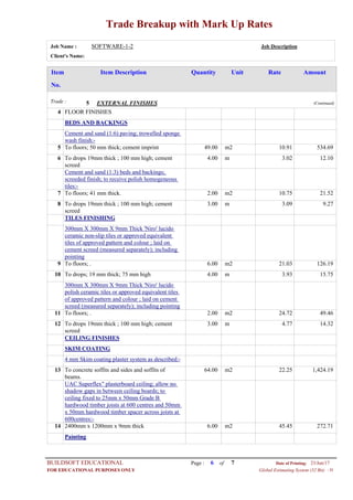 Trade Breakup with Mark Up Rates
Job Name : SOFTWARE-1-2 Job Description
Client's Name:
Item DescriptionItem AmountRateUnitQuantity
No.
EXTERNAL FINISHESTrade : 5 (Continued)
FLOOR FINISHES4
BEDS AND BACKINGS
Cement and sand (1:6) paving; trowelled sponge
wash finish:-
49.00 m2To floors; 50 mm thick; cement imprint5 10.91 534.69
4.00 mTo drops 19mm thick ; 100 mm high; cement
screed
6 3.02 12.10
Cement and sand (1:3) beds and backings;
screeded finish; to receive polish homogeneous
tiles:-
2.00 m2To floors; 41 mm thick.7 10.75 21.52
3.00 mTo drops 19mm thick ; 100 mm high; cement
screed
8 3.09 9.27
TILES FINISHING
300mm X 300mm X 9mm Thick 'Niro' lucido
ceramic non-slip tiles or approved equivalent
tiles of approved pattern and colour ; laid on
cement screed (measured separately); including
pointing
6.00 m2To floors; .9 21.03 126.19
4.00 mTo drops; 19 mm thick; 75 mm high10 3.93 15.75
300mm X 300mm X 9mm Thick 'Niro' lucido
polish ceramic tiles or approved equivalent tiles
of approved pattern and colour ; laid on cement
screed (measured separately); including pointing
2.00 m2To floors; .11 24.72 49.46
3.00 mTo drops 19mm thick ; 100 mm high; cement
screed
12 4.77 14.32
CEILING FINISHES
SKIM COATING
4 mm Skim coating plaster system as described:-
64.00 m2To concrete soffits and sides and soffits of
beams.
13 22.25 1,424.19
UAC Superflex" plasterboard ceiling; allow no
shadow gaps in between ceiling boards; to
ceiling fixed to 25mm x 50mm Grade B
hardwood timber joists at 600 centres and 50mm
x 50mm hardwood timber spacer across joists at
600centres:-
6.00 m22400mm x 1200mm x 9mm thick14 45.45 272.71
Painting
Page : 6BUILDSOFT EDUCATIONAL 23/Jun/17Date of Printing:
- HFOR EDUCATIONAL PURPOSES ONLY Global Estimating System (32 Bit)
of 7
 