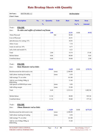 Rate Breakup Sheets with Quantity
Job Name : SOFTWARE-1-2 Job Description
Client's Name:
Description No. ItemMarkRateUnitQuantity+/-
% Up % Amount
FRAMETrade :
To sides and soffits of isolated roof beamItem :
22.512.00 49.5210.00
80.00bld18mm Plywood
26.91Cost of Plywood
30.95add allowance for cutting 15%
7.74Allow 4 uses
0.77waste on each use 10%
0.23nails, bolts and mould 3%
18.742.00Total 37.48
80.000.06Skilled labour 4.64
50.000.06Unskilled labour 2.90
FRAMETrade :
8mm Diameter rod as linksItem :
6.29398.00 2,753.7610.00
2,300.00tonneReinforcement bar delivered to site
0.50tonneAdd Labour stacking & loading
161.00Add wastage 7% on rebar
31.68Add tie wire 0.66kg/100kg @
RM4.80/kg
4.00tonneAdd spacers at RM4.00 per tonne
22.00tonneAdd rolling margin
2,519.180.40Total 1,002.96
80.0011.54Skilled labour 923.36
50.0011.54Unskilled labour 577.10
FRAMETrade :
10mm Diameter rod as linksItem :
6.291,268.00 8,773.2910.00
2,300.00tonneReinforcement bar delivered to site
0.50tonneAdd Labour stacking & loading
161.00Add wastage 7% on rebar
31.68Add tie wire 0.66kg/100kg @
RM4.80/kg
Page : 3BUILDSOFT EDUCATIONAL 23/Jun/17Date of Printing:
Global Estimating System (32 Bit) - HFOR EDUCATIONAL PURPOSES ONLY
34of
 