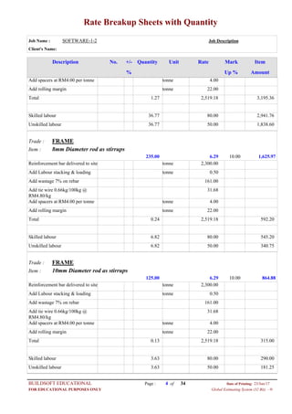 Rate Breakup Sheets with Quantity
Job Name : SOFTWARE-1-2 Job Description
Client's Name:
Description No. ItemMarkRateUnitQuantity+/-
% Up % Amount
4.00tonneAdd spacers at RM4.00 per tonne
22.00tonneAdd rolling margin
2,519.181.27Total 3,195.36
80.0036.77Skilled labour 2,941.76
50.0036.77Unskilled labour 1,838.60
FRAMETrade :
8mm Diameter rod as stirrupsItem :
6.29235.00 1,625.9710.00
2,300.00tonneReinforcement bar delivered to site
0.50tonneAdd Labour stacking & loading
161.00Add wastage 7% on rebar
31.68Add tie wire 0.66kg/100kg @
RM4.80/kg
4.00tonneAdd spacers at RM4.00 per tonne
22.00tonneAdd rolling margin
2,519.180.24Total 592.20
80.006.82Skilled labour 545.20
50.006.82Unskilled labour 340.75
FRAMETrade :
10mm Diameter rod as stirrupsItem :
6.29125.00 864.8810.00
2,300.00tonneReinforcement bar delivered to site
0.50tonneAdd Labour stacking & loading
161.00Add wastage 7% on rebar
31.68Add tie wire 0.66kg/100kg @
RM4.80/kg
4.00tonneAdd spacers at RM4.00 per tonne
22.00tonneAdd rolling margin
2,519.180.13Total 315.00
80.003.63Skilled labour 290.00
50.003.63Unskilled labour 181.25
Page : 4BUILDSOFT EDUCATIONAL 23/Jun/17Date of Printing:
Global Estimating System (32 Bit) - HFOR EDUCATIONAL PURPOSES ONLY
34of
 