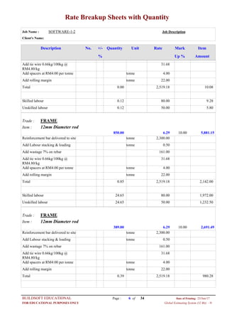 Rate Breakup Sheets with Quantity
Job Name : SOFTWARE-1-2 Job Description
Client's Name:
Description No. ItemMarkRateUnitQuantity+/-
% Up % Amount
31.68Add tie wire 0.66kg/100kg @
RM4.80/kg
4.00tonneAdd spacers at RM4.00 per tonne
22.00tonneAdd rolling margin
2,519.180.00Total 10.08
80.000.12Skilled labour 9.28
50.000.12Unskilled labour 5.80
FRAMETrade :
12mm Diameter rodItem :
6.29850.00 5,881.1510.00
2,300.00tonneReinforcement bar delivered to site
0.50tonneAdd Labour stacking & loading
161.00Add wastage 7% on rebar
31.68Add tie wire 0.66kg/100kg @
RM4.80/kg
4.00tonneAdd spacers at RM4.00 per tonne
22.00tonneAdd rolling margin
2,519.180.85Total 2,142.00
80.0024.65Skilled labour 1,972.00
50.0024.65Unskilled labour 1,232.50
FRAMETrade :
12mm Diameter rodItem :
6.29389.00 2,691.4910.00
2,300.00tonneReinforcement bar delivered to site
0.50tonneAdd Labour stacking & loading
161.00Add wastage 7% on rebar
31.68Add tie wire 0.66kg/100kg @
RM4.80/kg
4.00tonneAdd spacers at RM4.00 per tonne
22.00tonneAdd rolling margin
2,519.180.39Total 980.28
Page : 6BUILDSOFT EDUCATIONAL 23/Jun/17Date of Printing:
Global Estimating System (32 Bit) - HFOR EDUCATIONAL PURPOSES ONLY
34of
 