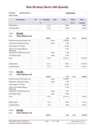 Rate Breakup Sheets with Quantity
Job Name : SOFTWARE-1-2 Job Description
Client's Name:
Description No. ItemMarkRateUnitQuantity+/-
% Up % Amount
80.0011.28Skilled labour 902.48
50.0011.28Unskilled labour 564.05
FRAMETrade :
16mm Diameter rodItem :
6.29439.00 3,037.4410.00
2,300.00tonneReinforcement bar delivered to site
0.50tonneAdd Labour stacking & loading
161.00Add wastage 7% on rebar
31.68Add tie wire 0.66kg/100kg @
RM4.80/kg
4.00tonneAdd spacers at RM4.00 per tonne
22.00tonneAdd rolling margin
2,519.180.44Total 1,106.28
80.0012.73Skilled labour 1,018.48
50.0012.73Unskilled labour 636.55
FRAMETrade :
12mm Diameter rodItem :
6.29247.00 1,708.9910.00
2,300.00tonneReinforcement bar delivered to site
0.50tonneAdd Labour stacking & loading
161.00Add wastage 7% on rebar
31.68Add tie wire 0.66kg/100kg @
RM4.80/kg
4.00tonneAdd spacers at RM4.00 per tonne
22.00tonneAdd rolling margin
2,519.180.25Total 622.44
80.007.16Skilled labour 573.04
50.007.16Unskilled labour 358.15
FRAMETrade :
16mm Diameter rodItem :
6.29187.00 1,293.8510.00
Page : 7BUILDSOFT EDUCATIONAL 23/Jun/17Date of Printing:
Global Estimating System (32 Bit) - HFOR EDUCATIONAL PURPOSES ONLY
34of
 