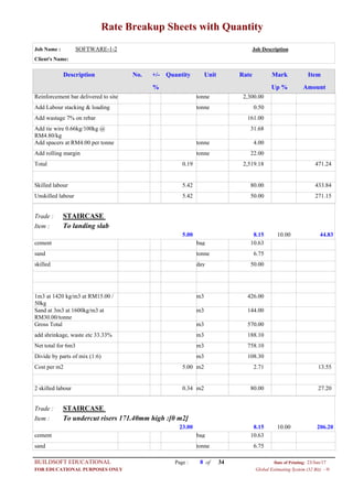 Rate Breakup Sheets with Quantity
Job Name : SOFTWARE-1-2 Job Description
Client's Name:
Description No. ItemMarkRateUnitQuantity+/-
% Up % Amount
2,300.00tonneReinforcement bar delivered to site
0.50tonneAdd Labour stacking & loading
161.00Add wastage 7% on rebar
31.68Add tie wire 0.66kg/100kg @
RM4.80/kg
4.00tonneAdd spacers at RM4.00 per tonne
22.00tonneAdd rolling margin
2,519.180.19Total 471.24
80.005.42Skilled labour 433.84
50.005.42Unskilled labour 271.15
STAIRCASETrade :
To landing slabItem :
8.155.00 44.8310.00
10.63bagcement
6.75tonnesand
50.00dayskilled
426.00m31m3 at 1420 kg/m3 at RM15.00 /
50kg
144.00m3Sand at 3m3 at 1600kg/m3 at
RM30.00/tonne
570.00m3Gross Total
188.10m3add shrinkage, waste etc 33.33%
758.10m3Net total for 6m3
108.30m3Divide by parts of mix (1:6)
2.71m25.00Cost per m2 13.55
80.00m20.342 skilled labour 27.20
STAIRCASETrade :
To undercut risers 171.40mm high :[0 m2]Item :
8.1523.00 206.2010.00
10.63bagcement
6.75tonnesand
Page : 8BUILDSOFT EDUCATIONAL 23/Jun/17Date of Printing:
Global Estimating System (32 Bit) - HFOR EDUCATIONAL PURPOSES ONLY
34of
 