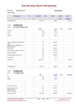 Rate Breakup Sheets with Quantity
Job Name : SOFTWARE-1-2 Job Description
Client's Name:
Description No. ItemMarkRateUnitQuantity+/-
% Up % Amount
80.00m21.562 skilled labour 125.12
STAIRCASETrade :
To treads 255mm wideItem :
8.1542.00 376.5310.00
10.63bagcement
6.75tonnesand
50.00dayskilled
426.00m31m3 at 1420 kg/m3 at RM15.00 /
50kg
144.00m3Sand at 3m3 at 1600kg/m3 at
RM30.00/tonne
570.00m3Gross Total
188.10m3add shrinkage, waste etc 33.33%
758.10m3Net total for 6m3
108.30m3Divide by parts of mix (1:6)
2.71m2Cost per m2
2.71m42.00Cost per m 113.82
80.00m22.862 skilled labour 228.48
STAIRCASETrade :
To landing slabItem :
702.405.00 3,863.2010.00
7.50m2tiles
50.00dayskilled
11.00nono. of tiles per m2
633.60m2Gross cost per m2@
RM57.60/piece
63.36m2add 10% wastage
696.96m25.00Net Cost per m2 3,484.80
Page : 10BUILDSOFT EDUCATIONAL 23/Jun/17Date of Printing:
Global Estimating System (32 Bit) - HFOR EDUCATIONAL PURPOSES ONLY
34of
 
