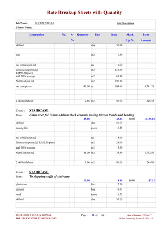 Rate Breakup Sheets with Quantity
Job Name : SOFTWARE-1-2 Job Description
Client's Name:
Description No. ItemMarkRateUnitQuantity+/-
% Up % Amount
50.00dayskilled
7.50m2tiles
11.00nono. of tiles per m2
633.60m2Gross cost per m2@
RM57.60/piece
63.36m2add 10% wastage
696.96m2Net Cost per m2
209.09m42.00net cost per m 8,781.78
80.00m22.862 skilled labour 228.48
STAIRCASETrade :
Extra over for 75mm x10mm thick ceramic nosing tiles to treads and landingItem :
43.9445.00 2,175.0310.00
50.00dayskilled
6.25piecenosing tile
14.00nono. of tiles per m2
35.00m2Gross cost per m2@ RM2.50/piece
3.50m2add 10% wastage
38.50m245.00Net Cost per m2 1,732.50
80.00m23.062 skilled labour 244.80
STAIRCASETrade :
To slopping soffit of staircaseItem :
8.1913.00 117.1210.00
7.50literplasticiser
10.63bagcement
6.75tonnesand
50.00dayskilled
Page : 12BUILDSOFT EDUCATIONAL 23/Jun/17Date of Printing:
Global Estimating System (32 Bit) - HFOR EDUCATIONAL PURPOSES ONLY
34of
 