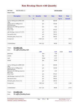 Rate Breakup Sheets with Quantity
Job Name : SOFTWARE-1-2 Job Description
Client's Name:
Description No. ItemMarkRateUnitQuantity+/-
% Up % Amount
426.00m31m3 at 1420 kg/m3 at RM15.00 /
50kg
144.00m3Sand at 3m3 at 1600kg/m3 at
RM30.00/tonne
8.52m3Plasticizer 6L/1000 kg cement @
RM 5/liter
578.52m3Gross Total
190.91m3add shrinkage, waste etc 33.33%
769.43m3Net total for 6m3
109.92m3Divide by parts of mix (1:6)
2.75m213.00Cost per m2 35.75
80.00m20.882 skilled labour 70.72
STAIRCASETrade :
To soffit of landing slabItem :
8.194.00 36.0410.00
7.50literplasticiser
10.63bagcement
6.75tonnesand
50.00dayskilled
426.00m31m3 at 1420 kg/m3 at RM15.00 /
50kg
144.00m3Sand at 3m3 at 1600kg/m3 at
RM30.00/tonne
8.52m3Plasticizer 6L/1000 kg cement @
RM 5/liter
578.52m3Gross Total
190.91m3add shrinkage, waste etc 33.33%
769.43m3Net total for 6m3
109.92m3Divide by parts of mix (1:6)
2.75m24.00Cost per m2 11.00
80.00m20.272 skilled labour 21.76
STAIRCASETrade :
To soffit of landing beamsItem :
Page : 13BUILDSOFT EDUCATIONAL 23/Jun/17Date of Printing:
Global Estimating System (32 Bit) - HFOR EDUCATIONAL PURPOSES ONLY
34of
 