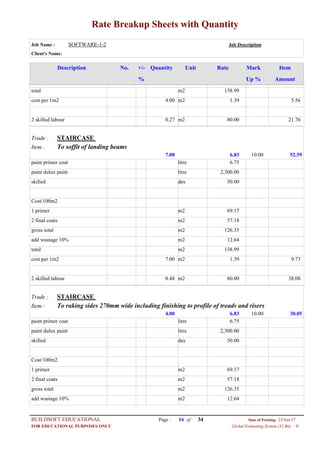 Rate Breakup Sheets with Quantity
Job Name : SOFTWARE-1-2 Job Description
Client's Name:
Description No. ItemMarkRateUnitQuantity+/-
% Up % Amount
138.99m2total
1.39m24.00cost per 1m2 5.56
80.00m20.272 skilled labour 21.76
STAIRCASETrade :
To soffit of landing beamsItem :
6.837.00 52.5910.00
6.75litrepaint primer coat
2,300.00litrepaint dulux paint
50.00dayskilled
Cost/100m2
69.17m21 primer
57.18m22 final coats
126.35m2gross total
12.64m2add wastage 10%
138.99m2total
1.39m27.00cost per 1m2 9.73
80.00m20.482 skilled labour 38.08
STAIRCASETrade :
To raking sides 270mm wide including finishing to profile of treads and risersItem :
6.834.00 30.0510.00
6.75litrepaint primer coat
2,300.00litrepaint dulux paint
50.00dayskilled
Cost/100m2
69.17m21 primer
57.18m22 final coats
126.35m2gross total
12.64m2add wastage 10%
Page : 16BUILDSOFT EDUCATIONAL 23/Jun/17Date of Printing:
Global Estimating System (32 Bit) - HFOR EDUCATIONAL PURPOSES ONLY
34of
 