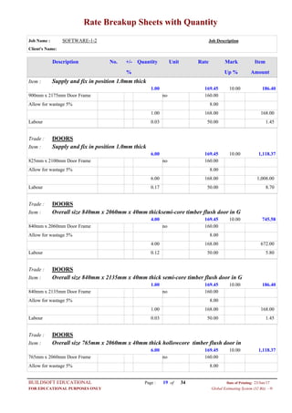 Rate Breakup Sheets with Quantity
Job Name : SOFTWARE-1-2 Job Description
Client's Name:
Description No. ItemMarkRateUnitQuantity+/-
% Up % Amount
Supply and fix in position 1.0mm thickItem :
169.451.00 186.4010.00
160.00no900mm x 2175mm Door Frame
8.00Allow for wastage 5%
168.001.00 168.00
50.000.03Labour 1.45
DOORSTrade :
Supply and fix in position 1.0mm thickItem :
169.456.00 1,118.3710.00
160.00no825mm x 2100mm Door Frame
8.00Allow for wastage 5%
168.006.00 1,008.00
50.000.17Labour 8.70
DOORSTrade :
Overall size 840mm x 2060mm x 40mm thicksemi-core timber flush door in GItem :
169.454.00 745.5810.00
160.00no840mm x 2060mm Door Frame
8.00Allow for wastage 5%
168.004.00 672.00
50.000.12Labour 5.80
DOORSTrade :
Overall size 840mm x 2135mm x 40mm thick semi-core timber flush door in GItem :
169.451.00 186.4010.00
160.00no840mm x 2135mm Door Frame
8.00Allow for wastage 5%
168.001.00 168.00
50.000.03Labour 1.45
DOORSTrade :
Overall size 765mm x 2060mm x 40mm thick hollowcore timber flush door inItem :
169.456.00 1,118.3710.00
160.00no765mm x 2060mm Door Frame
8.00Allow for wastage 5%
Page : 19BUILDSOFT EDUCATIONAL 23/Jun/17Date of Printing:
Global Estimating System (32 Bit) - HFOR EDUCATIONAL PURPOSES ONLY
34of
 