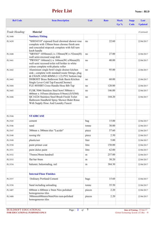Name : BLDPrice List
SuppRef Code Item Description Unit MarkRate Last
CodeUp % Updated
Trade Heading: Material (Continued)
PL3448 Sanitary Fitting
PL3439 "SH034310" exposed fixed chromed shower rose
complete with 150mm brass chrome finish arm
and concealed stopcock complete with full turn
knob handle
no 22.60 22/06/2017
PL3440 "SR9303" 1050mm(L) x 150mm(W) x 92mm(H)
wall semi-recessed soap dish
no 27.00 22/06/2017
PL3441 "PR9303" 160mm(L) x 160mm(W) x90mm(H)
wall semi recessed toilet roll holder in white
colour complete with plastic roller
no 40.00 22/06/2017
PL3442 Aluminium single bowl single drainer kitchen
sink ; complete with standard waste fittings, plug
& CHAIN AND 40MM (1 1/2) PVC bottom trap
no 95.00 22/06/2017
PL3443 DOBOHT Brass Bathroom Sink Basin Kitchen
Single Lever Cold Tap Faucet(Chrome)
no 60.00 22/06/2017
PL3444 FLE 805HBT Cross Handle Hose Bib Tap no 120.00 22/06/2017
PL3445 FLSK 5046 Stainless Steel bowl 500mm x
460mm x 185mm (thickness 0.9mm) (S/S304)
no 146.00 22/06/2017
PL3446 QC14226 Stainless Steel Brush Finish Toilet
Bathroom Handheld Spray Shower Bidet Rinse
With Supply Hose And Laundry Faucet
no 144.20 22/06/2017
PL3544 STAIRCASE
PL3545 cement bag 15.00 22/06/2017
PL3546 sand tonne 30.00 22/06/2017
PL3547 300mm x 300mm tiles "Lucido" piece 57.60 22/06/2017
PL3548 nosing tile piece 2.50 22/06/2017
PL3549 plasticiser liter 5.00 22/06/2017
PL3550 paint primer coat litre 150.00 22/06/2017
PL3551 paint dulux paint litre 62.00 22/06/2017
PL3552 75mmx38mm handrail m 257.00 22/06/2017
PL3553 flat bar 8mm m 30.20 22/06/2017
PL3554 baluster, balustrading, rail m 384.30 22/06/2017
Internal Floor Finishes
PL3557 Ordinary Portland Cement bags 15.60 22/06/2017
PL3558 Sand including unloading tonne 35.50 22/06/2017
PL3407 600mm x 600mm x 9mm Niro polished
homogeneous tiles
pieces 2.20 22/06/2017
PL3408 300mmx600mmx9mmNiro non-polished
homogeneous tiles
pieces 2.20 22/06/2017
Page : 2BUILDSOFT EDUCATIONAL Date of Printing: 23/Jun/17
FOR EDUCATIONAL PURPOSES ONLY Global Estimating System (32 Bit) - H
of 7
 