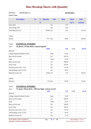 Rate Breakup Sheets with Quantity
Job Name : SOFTWARE-1-2 Job Description
Client's Name:
Description No. ItemMarkRateUnitQuantity+/-
% Up % Amount
2.55m2Gross total
0.26m2Add wastage 10%
2.81m2330.00Total Material Cost 927.30
Labour
70.00day9.57Painter 669.90
EXTERNAL FINISHESTrade :
To floors; 50 mm thick; cement imprintItem :
9.9249.00 534.6910.00
Material
15.60bagsLafarge Orginal Portland Cement
443.04m3Base cost for cement
35.50tonneSand
340.80m3Base cost for sand
783.84m3Gross Total
111.98m3Divide by part of mix (1:6)
36.95m3Add shinkage waste 33.33%
7.45m249.00Material cost per m2 365.05
Labour
85.00day1.42Plasterer 121.03
EXTERNAL FINISHESTrade :
To drops 19mm thick ; 100 mm high; cement screedItem :
2.754.00 12.1010.00
Material
15.60bagsLafarge Orginal Portland Cement
443.04m3Base cost for cement
35.50tonneSand
340.80m3Base cost for sand
783.84m3Gross Total
111.98m3Divide by part of mix (1:6)
36.95m3Add shinkage waste 33.33%
2.83m2Material cost per m2
Page : 27BUILDSOFT EDUCATIONAL 23/Jun/17Date of Printing:
Global Estimating System (32 Bit) - HFOR EDUCATIONAL PURPOSES ONLY
34of
 
