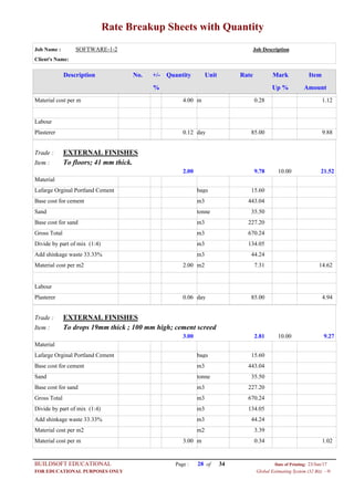 Rate Breakup Sheets with Quantity
Job Name : SOFTWARE-1-2 Job Description
Client's Name:
Description No. ItemMarkRateUnitQuantity+/-
% Up % Amount
0.28m4.00Material cost per m 1.12
Labour
85.00day0.12Plasterer 9.88
EXTERNAL FINISHESTrade :
To floors; 41 mm thick.Item :
9.782.00 21.5210.00
Material
15.60bagsLafarge Orginal Portland Cement
443.04m3Base cost for cement
35.50tonneSand
227.20m3Base cost for sand
670.24m3Gross Total
134.05m3Divide by part of mix (1:4)
44.24m3Add shinkage waste 33.33%
7.31m22.00Material cost per m2 14.62
Labour
85.00day0.06Plasterer 4.94
EXTERNAL FINISHESTrade :
To drops 19mm thick ; 100 mm high; cement screedItem :
2.813.00 9.2710.00
Material
15.60bagsLafarge Orginal Portland Cement
443.04m3Base cost for cement
35.50tonneSand
227.20m3Base cost for sand
670.24m3Gross Total
134.05m3Divide by part of mix (1:4)
44.24m3Add shinkage waste 33.33%
3.39m2Material cost per m2
0.34m3.00Material cost per m 1.02
Page : 28BUILDSOFT EDUCATIONAL 23/Jun/17Date of Printing:
Global Estimating System (32 Bit) - HFOR EDUCATIONAL PURPOSES ONLY
34of
 