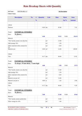 Rate Breakup Sheets with Quantity
Job Name : SOFTWARE-1-2 Job Description
Client's Name:
Description No. ItemMarkRateUnitQuantity+/-
% Up % Amount
Labour
85.00day0.09Plasterer 7.41
EXTERNAL FINISHESTrade :
To floors; .Item :
19.126.00 126.1910.00
Material
15.00m2'Niro' lucido ceramic non-slip tiles
1.50m2Add wastage 10%
0.30m2Allow material( white cement) for
2%
16.80m26.00Material cost 100.80
Labour
80.00day0.17Tiler 13.92
EXTERNAL FINISHESTrade :
To drops; 19 mm thick; 75 mm highItem :
3.584.00 15.7510.00
Material
15.00m2'Niro' lucido ceramic non-slip tiles
1.50m2Add wastage 10%
0.30m2Allow material( white cement) for
2%
16.80m2Material cost per m2
1.26m4.00Material cost per m 5.04
Labour
80.00day0.12Tiler 9.28
EXTERNAL FINISHESTrade :
To floors; .Item :
22.482.00 49.4610.00
Material
18.00m2'Niro' lucido ceramic polish tiles
1.80m2Allow wastge for 10%
Page : 29BUILDSOFT EDUCATIONAL 23/Jun/17Date of Printing:
Global Estimating System (32 Bit) - HFOR EDUCATIONAL PURPOSES ONLY
34of
 