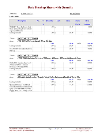 Rate Breakup Sheets with Quantity
Job Name : SOFTWARE-1-2 Job Description
Client's Name:
Description No. ItemMarkRateUnitQuantity+/-
% Up % Amount
60.00no1.00DOBOHT Brass Bathroom Sink
Basin Kitchen Single Lever Cold
Tap Faucet(Chrome)
60.00
150.00no1.00Sanitary Installer 150.00
SANITARY FITTINGSTrade :
FLE 805HBT Cross Handle Hose Bib TapItem :
270.004.00 1,188.0010.00
150.00no4.00Sanitary Installer 600.00
120.00no4.00FLE 805HBT Cross Handle Hose
Bib Tap
480.00
SANITARY FITTINGSTrade :
FLSK 5046 Stainless Steel bowl 500mm x 460mm x 185mm (thickness 0.9mmItem :
296.004.00 1,302.4010.00
146.00no4.00FLSK 5046 Stainless Steel bowl
500mm x 460mm x 185mm
(thickness 0.9mm) (S/S304)
584.00
150.00no4.00Sanitary Installer 600.00
SANITARY FITTINGSTrade :
QC14226 Stainless Steel Brush Finish Toilet Bathroom Handheld Spray ShoItem :
294.204.00 1,294.4810.00
150.00no4.00Sanitary Installer 600.00
144.20no4.00QC14226 Stainless Steel Brush
Finish Toilet Bathroom Handheld
Spray Shower Bidet Rinse With
Supply Hose And Laundry Faucet
576.80
Page : 34BUILDSOFT EDUCATIONAL 23/Jun/17Date of Printing:
Global Estimating System (32 Bit) - HFOR EDUCATIONAL PURPOSES ONLY
34of
 