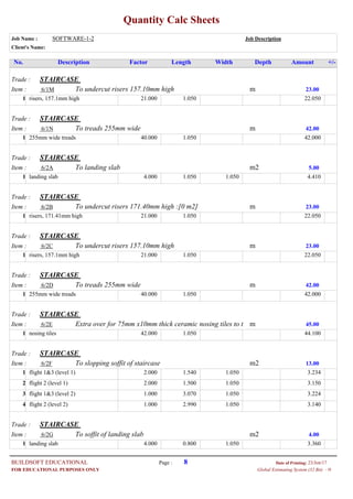 Quantity Calc Sheets
Job Name : SOFTWARE-1-2 Job Description
Client's Name:
Description Factor Length Width Depth Amount +/-No.
Trade : STAIRCASE
Item : mTo undercut risers 157.10mm high6/1M 23.00
21.000risers, 157.1mm high 1.050 22.0501
Trade : STAIRCASE
Item : mTo treads 255mm wide6/1N 42.00
40.000255mm wide treads 1.050 42.0001
Trade : STAIRCASE
Item : m2To landing slab6/2A 5.00
4.000landing slab 1.050 1.050 4.4101
Trade : STAIRCASE
Item : mTo undercut risers 171.40mm high :[0 m2]6/2B 23.00
21.000risers, 171.41mm high 1.050 22.0501
Trade : STAIRCASE
Item : mTo undercut risers 157.10mm high6/2C 23.00
21.000risers, 157.1mm high 1.050 22.0501
Trade : STAIRCASE
Item : mTo treads 255mm wide6/2D 42.00
40.000255mm wide treads 1.050 42.0001
Trade : STAIRCASE
Item : mExtra over for 75mm x10mm thick ceramic nosing tiles to t6/2E 45.00
42.000nosing tiles 1.050 44.1001
Trade : STAIRCASE
Item : m2To slopping soffit of staircase6/2F 13.00
2.000flight 1&3 (level 1) 1.540 1.050 3.2341
2.000flight 2 (level 1) 1.500 1.050 3.1502
1.000flight 1&3 (level 2) 3.070 1.050 3.2243
1.000flight 2 (level 2) 2.990 1.050 3.1404
Trade : STAIRCASE
Item : m2To soffit of landing slab6/2G 4.00
4.000landing slab 0.800 1.050 3.3601
Page : 8BUILDSOFT EDUCATIONAL 23/Jun/17Date of Printing:
- HGlobal Estimating System (32 Bit)FOR EDUCATIONAL PURPOSES ONLY
 