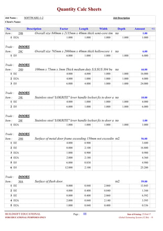 Quantity Calc Sheets
Job Name : SOFTWARE-1-2 Job Description
Client's Name:
Description Factor Length Width Depth Amount +/-No.
Item : noOverall size 840mm x 2135mm x 40mm thick semi-core tim29B 1.00
1.000D2A 1.000 1.000 1.000 1.0001
Trade : DOORS
Item : noOverall size 765mm x 2060mm x 40mm thick hollowcore t29C 6.00
6.000D3 1.000 1.000 1.000 6.0001
Trade : DOORS
Item : no100mm x 75mm x 3mm Thick medium duty S.S.SUS 304 bu29D 44.00
4.000D2 4.000 1.000 1.000 16.0001
4.000D2A 1.000 1.000 1.000 4.0002
6.000D3 4.000 1.000 1.000 24.0003
Trade : DOORS
Item : noStainless steel 'LOKRITE" lever handle lockset fix to door a29E 10.00
4.000D2 1.000 1.000 1.000 4.0001
6.000D3 1.000 1.000 1.000 6.0002
Trade : DOORS
Item : noStainless steel 'LOKRITE" lever handle lockset fix to door a29F 1.00
1.000D2A 1.000 1.000 1.000 1.0001
Trade : DOORS
Item : m2Surface of metal door frame exceeding 150mm not exceedin29H 56.00
4.000D2 0.900 3.6001
8.000D2 2.100 16.8002
1.000D2A 0.900 0.9003
2.000D2A 2.180 4.3604
6.000D3 0.830 4.9805
12.000D3 2.100 25.2006
Trade : DOORS
Item : m2Surface of flush door.30A 59.00
8.000D2 0.840 2.060 13.8431
4.000D2 0.400 0.840 1.3442
8.000D2 0.400 2.060 6.5923
2.000D2A 0.840 2.140 3.5954
1.000D2A 0.840 0.400 0.3365
Page : 11BUILDSOFT EDUCATIONAL 23/Jun/17Date of Printing:
- HGlobal Estimating System (32 Bit)FOR EDUCATIONAL PURPOSES ONLY
 