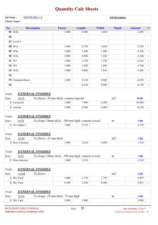 Quantity Calc Sheets
Job Name : SOFTWARE-1-2 Job Description
Client's Name:
Description Factor Length Width Depth Amount +/-No.
1.000W2b 0.900 1.650 --1.48585
86
Level 387
1.000W1a 0.750 1.650 --1.23888
1.000W4a 2.400 1.800 --4.32089
2.000W2a 0.900 1.800 --3.24090
1.000W7 3.150 1.350 --4.25391
1.000W5 3.200 1.800 --5.76092
1.000W2b 0.900 1.650 --1.48593
94
1.000Carpoach-beam 0.130 0.600 --0.07895
0.230 0.600 --0.13896
Trade : EXTERNAL FINISHES
Item : m2To floors; 50 mm thick; cement imprint14/2A 49.00
1.000Car porch 7.900 6.200 48.9801
1.000column 0.200 0.600 --0.1202
Trade : EXTERNAL FINISHES
Item : mTo drops 19mm thick ; 100 mm high; cement screed14/2E 4.00
1.000A/c ledges 1 3.710 3.7101
Trade : EXTERNAL FINISHES
Item : m2To floors; 41 mm thick.14/2H 2.00
1.000Door Entrance 2.210 0.600 1.3261
Trade : EXTERNAL FINISHES
Item : mTo drops 19mm thick ; 100 mm high; cement screed14/2J 3.00
1.000Door entrance 2.210 2.2101
Trade : EXTERNAL FINISHES
Item : m2To floors; .14/2M 6.00
1.000Dry Yard 3.710 1.750 6.4931
0.500Dry Yard 2.290 0.900 --1.0312
Trade : EXTERNAL FINISHES
Item : mTo drops; 19 mm thick; 75 mm high14/3A 4.00
1.000Dry Yard 3.900 3.9001
Page : 23BUILDSOFT EDUCATIONAL 23/Jun/17Date of Printing:
- HGlobal Estimating System (32 Bit)FOR EDUCATIONAL PURPOSES ONLY
 