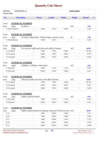 Quantity Calc Sheets
Job Name : SOFTWARE-1-2 Job Description
Client's Name:
Description Factor Length Width Depth Amount +/-No.
Trade : EXTERNAL FINISHES
Item : m2To floors; .14/3B 2.00
1.000Door Entrance 2.210 0.600 1.3261
Trade : EXTERNAL FINISHES
Item : mTo drops 19mm thick ; 100 mm high; cement screed14/3C 3.00
1.000Door entrance 2.210 2.2101
Trade : EXTERNAL FINISHES
Item : m2To concrete soffits and sides and soffits of beams.14/4A 64.00
1.000Car porch 7.990 5.600 44.7441
4.000Car porch 3.980 0.600 9.5522
2.000Car porch 7.850 0.600 9.4203
Trade : EXTERNAL FINISHES
Item : m22400mm x 1200mm x 9mm thick14/4B 6.00
1.000Dry yard 3.710 1.750 6.4931
0.500Dry yard 2.290 0.900 --1.0312
Trade : EXTERNAL FINISHES
Item : m2Plastered soffits and sides and soffit of beams.14/4E 64.00
1.000Car porch 7.990 5.600 44.7441
4.000Car porch 3.980 0.600 9.5522
2.000Car porch 7.850 0.600 9.4203
Trade : EXTERNAL FINISHES
Item : m2Soffits of plasterboard14/4F 6.00
1.000Dry yard 3.710 1.750 6.4931
0.500Dry yard 2.290 0.900 --1.0312
Trade : EXTERNAL FINISHES
Item : m2Soffits of plasterboard at sloping ceiling of 23# from horizon14/4G 20.00
1.000A 0.490 3.900 1.9111
1.000B 0.490 3.800 1.8622
1.000C 0.490 2.700 1.3233
1.000D 0.490 3.000 1.4704
2.000E 0.650 4.200 5.4605
Page : 24BUILDSOFT EDUCATIONAL 23/Jun/17Date of Printing:
- HGlobal Estimating System (32 Bit)FOR EDUCATIONAL PURPOSES ONLY
 