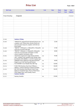 Name : BLDPrice List
SuppRef Code Item Description Unit MarkRate Last
CodeUp % Updated
Trade Heading: Composite (Continued)
PL3482 Sanitary Fitting
PL3493 "SH034310" exposed fixed chromed shower rose
complete with 150mm brass chrome finish arm
and concealed stopcock complete with full turn
knob handle
no 22.60
PL3494 "SR9303" 1050mm(L) x 150mm(W) x 92mm(H)
wall semi-recessed soap dish
no 27.00
PL3495 "PR9303" 160mm(L) x 160mm(W) x90mm(H)
wall semi recessed toilet roll holder in white
colour complete with plastic roller
no 40.00
PL3501 Aluminium single bowl single drainer kitchen
sink ; complete with standard waste fittings, plug
& CHAIN AND 40MM (1 1/2) PVC bottom trap
no 95.00
PL3502 DOBOHT Brass Bathroom Sink Basin Kitchen
Single Lever Cold Tap Faucet(Chrome)
no 60.00
PL3513 FLE 805HBT Cross Handle Hose Bib Tap no 120.00
PL3514 FLSK 5046 Stainless Steel bowl 500mm x
460mm x 185mm (thickness 0.9mm) (S/S304)
no 146.00
PL3535 QC14226 Stainless Steel Brush Finish Toilet
Bathroom Handheld Spray Shower Bidet Rinse
With Supply Hose And Laundry Faucet
no 144.20
PL3536 Sanitary installer
PL3537 Sanitary Installer no 150.00
Page : 7BUILDSOFT EDUCATIONAL Date of Printing: 23/Jun/17
FOR EDUCATIONAL PURPOSES ONLY Global Estimating System (32 Bit) - H
of 7
 
