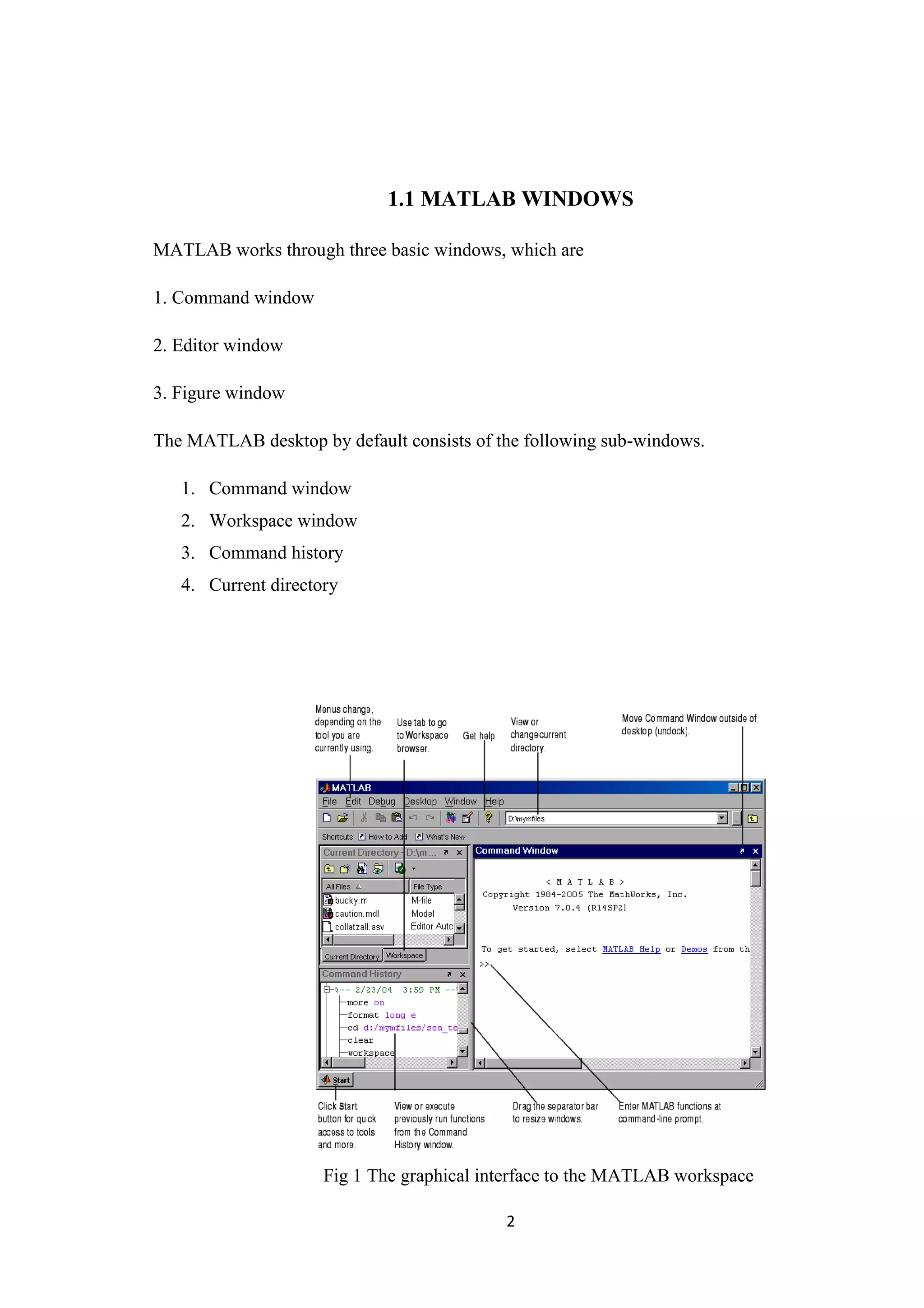 2 1.1 MATLAB WINDOWS MATLAB works through three basic windows, which are 1. Command window 2. Editor window 3. Figure window The MATLAB desktop by default consists of the following sub-windows. 1. Command window 2. Workspace window 3. Command history 4. Current directory Fig 1 The graphical interface to the MATLAB workspace 