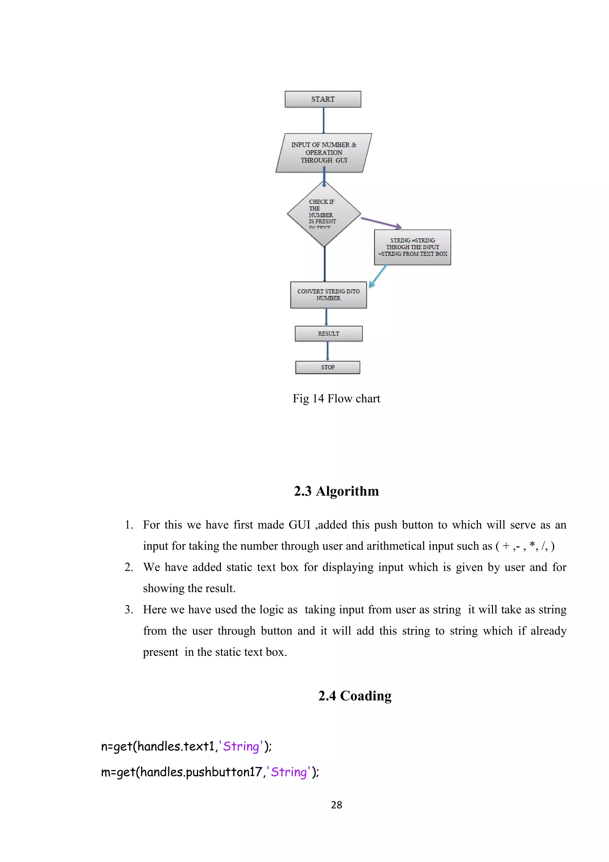 28 Fig 14 Flow chart 2.3 Algorithm 1. For this we have first made GUI ,added this push button to which will serve as an input for taking the number through user and arithmetical input such as ( + ,- , *, /, ) 2. We have added static text box for displaying input which is given by user and for showing the result. 3. Here we have used the logic as taking input from user as string it will take as string from the user through button and it will add this string to string which if already present in the static text box. 2.4 Coading n=get(handles.text1,'String'); m=get(handles.pushbutton17,'String'); 