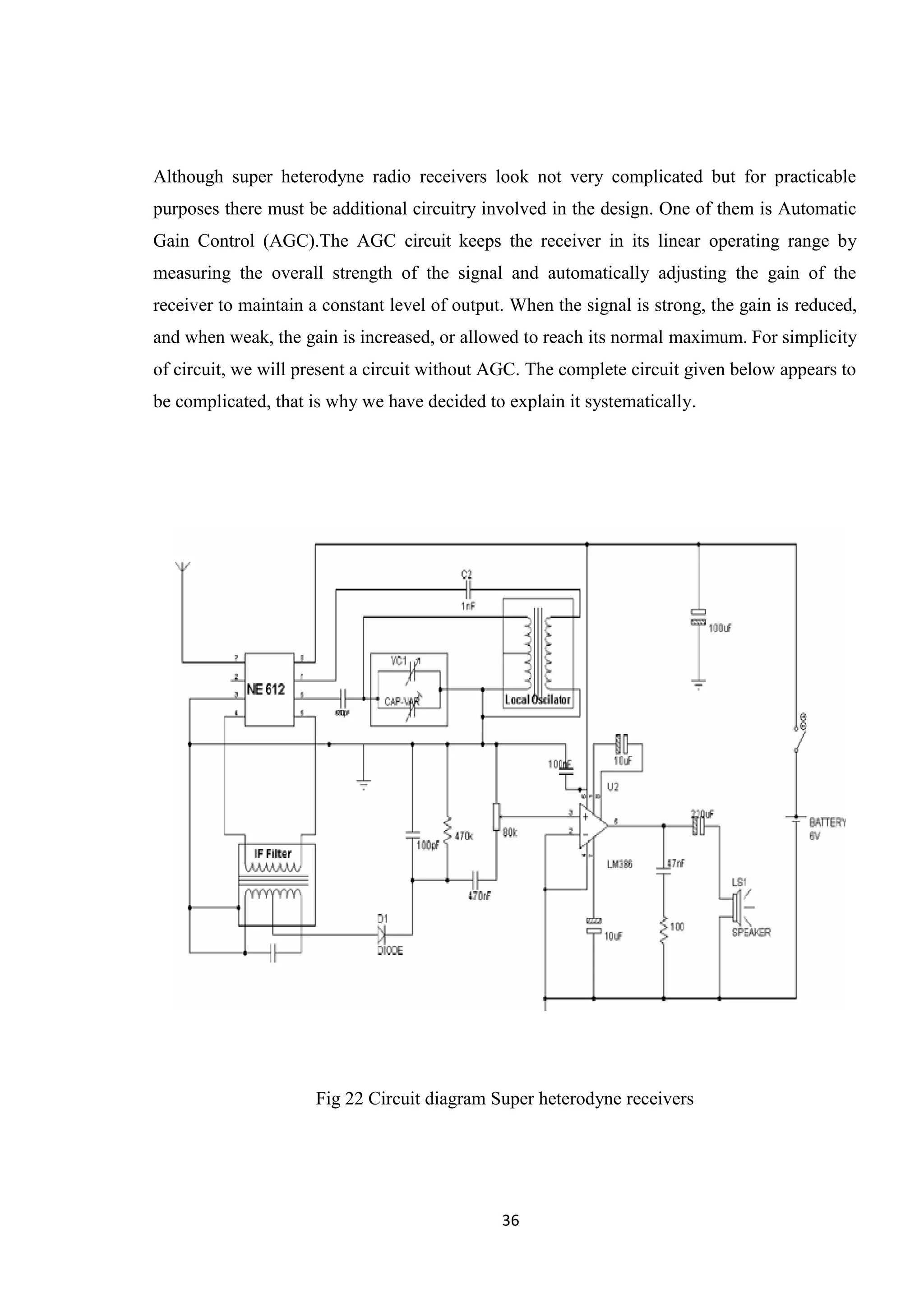 36 Although super heterodyne radio receivers look not very complicated but for practicable purposes there must be additional circuitry involved in the design. One of them is Automatic Gain Control (AGC).The AGC circuit keeps the receiver in its linear operating range by measuring the overall strength of the signal and automatically adjusting the gain of the receiver to maintain a constant level of output. When the signal is strong, the gain is reduced, and when weak, the gain is increased, or allowed to reach its normal maximum. For simplicity of circuit, we will present a circuit without AGC. The complete circuit given below appears to be complicated, that is why we have decided to explain it systematically. Fig 22 Circuit diagram Super heterodyne receivers 