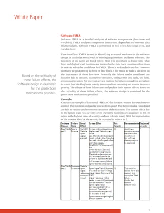 White Paper


                                  Software FMEA
                                  Software FMEA is a detailed analysis of software components (functions and
                                  variables). FMEA analyses component interaction, dependencies between data
                                  related failures. Software FMEA is performed in two levels-functional level, and
                                  variable level

                                  Functional level FMEA is used in identifying structural weakness in the software
                                  design. It also helps reveal weak or missing requirements and latent software. The
                                  functions of the same are listed below. Here it is important to decide upto what
                                  level each higher level functions are broken further into their constituent functions
                                  in order to select the candidates for FMEA. There is no fixed rule on this. However
                                  normally we go down up to three or four levels. One needs to make a decision on
                                  the importance of those functions. Normally the failure modes considered are
    Based on the criticality of
                                  function fails to execute, incomplete execution, timing error (too early, too late),
     these failure effects, the   erroneous execution. For interrupt service routines the failures considered are failure
 software design is examined      to return thus blocking lower priority interrupts from executing and returns incorrect
          for the protections     priority. The effects of these failures are analysed for their system effects. Based on
                                  the criticality of these failure effects, the software design is examined for the
       mechanisms provided.       protections mechanisms provided.

                                  Example:
                                  Consider an example of functional FMEA of the function written for speedometer
                                  control. The function analysed is ‘read vehicle speed’. The failure modes considered
                                  are fails to execute and erroneous execution of the function. The system effect due
                                  to the failure leads to a severity of 10. (Severity numbers are assigned 1 to 10. 10
                                  refers to the highest order of severity and one refers to least). With the implantation
                                  of the monitor checks, the severity is expected to reduce to 7.




                                                                                                                       4
 
