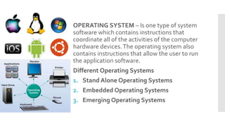 OPERATING SYSTEM – Is one type of system
software which contains instructions that
coordinate all of the activities of the computer
hardware devices.The operating system also
contains instructions that allow the user to run
the application software.
Different Operating Systems
1. Stand Alone Operating Systems
2. Embedded Operating Systems
3. Emerging Operating Systems
 