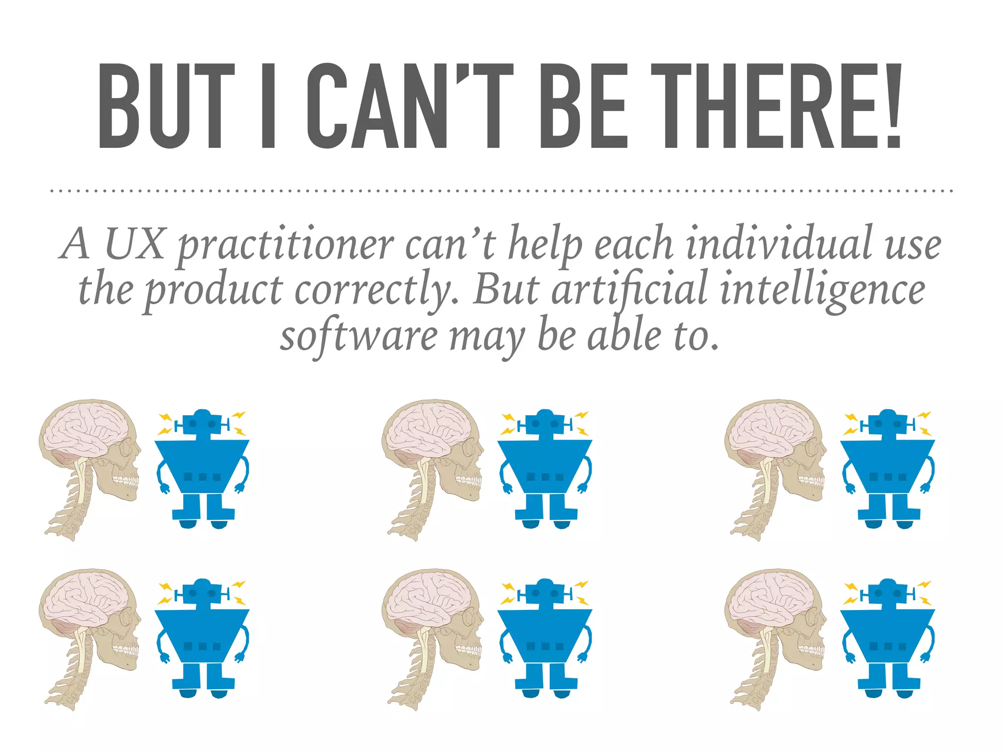 BUT I CAN’T BE THERE!
A UX practitioner can’t help each individual use
the product correctly. But artiﬁcial intelligence
software may be able to.
 