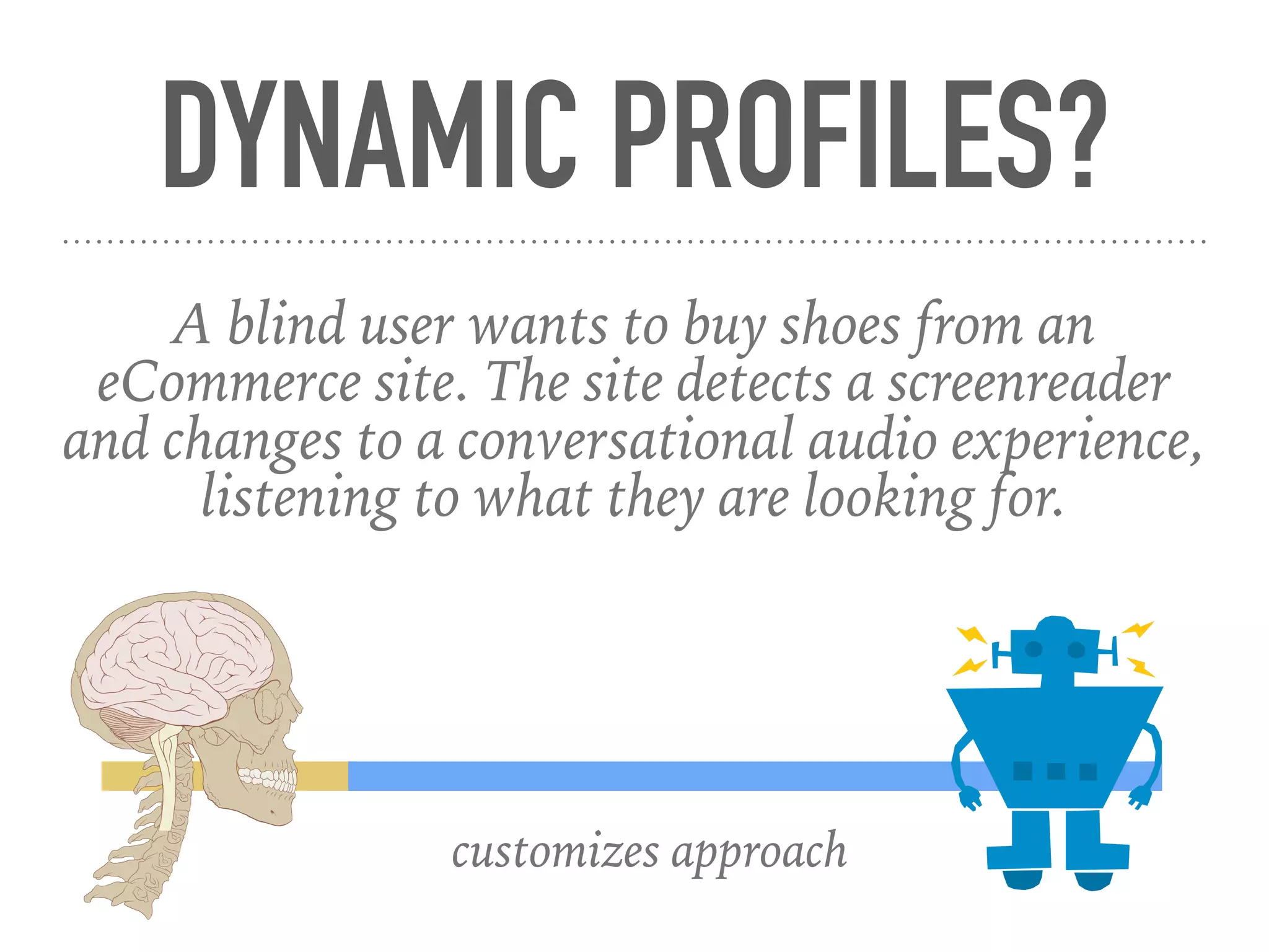 DYNAMIC PROFILES?
customizes approach
A blind user wants to buy shoes from an
eCommerce site. The site detects a screenreader
and changes to a conversational audio experience,
listening to what they are looking for.
 