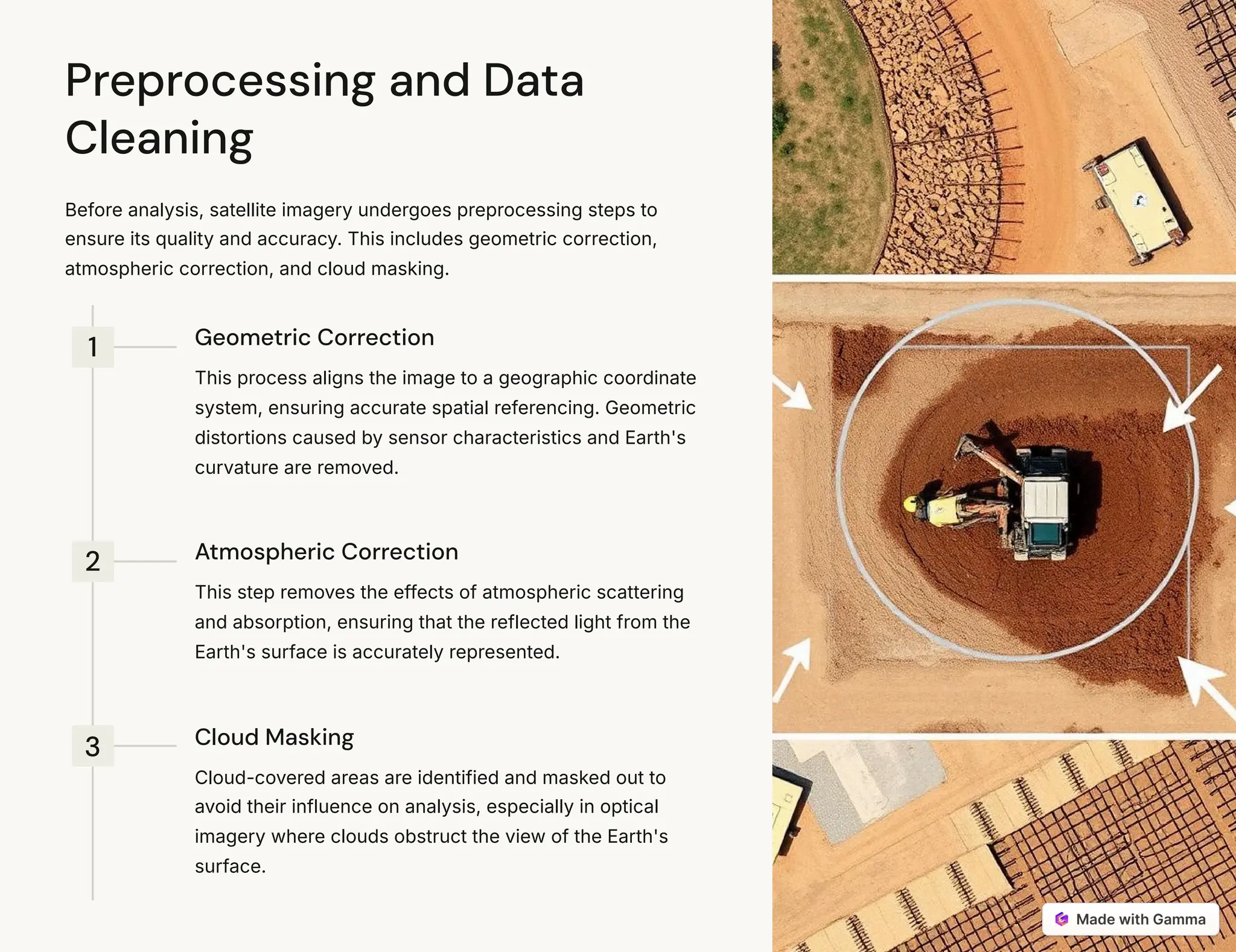 Preprocessing and Data
Cleaning
Before analysis, satellite imagery undergoes preprocessing steps to
ensure its quality and accuracy. This includes geometric correction,
atmospheric correction, and cloud masking.
1 Geometric Correction
This process aligns the image to a geographic coordinate
system, ensuring accurate spatial referencing. Geometric
distortions caused by sensor characteristics and Earth's
curvature are removed.
2 Atmospheric Correction
This step removes the effects of atmospheric scattering
and absorption, ensuring that the reflected light from the
Earth's surface is accurately represented.
3 Cloud Masking
Cloud-covered areas are identified and masked out to
avoid their influence on analysis, especially in optical
imagery where clouds obstruct the view of the Earth's
surface.
 