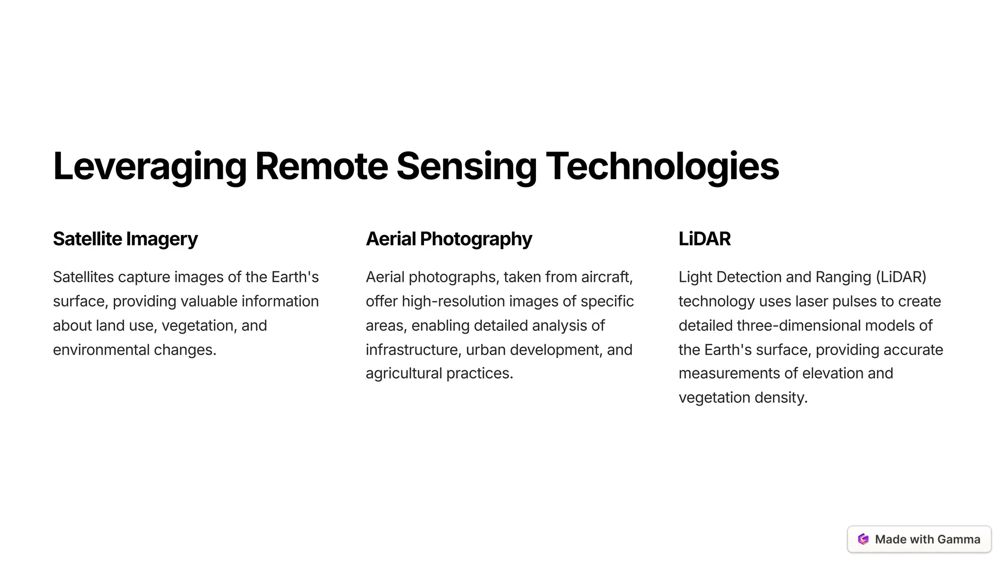 Leveraging Remote Sensing Technologies
SatelliteImagery
Satellites capture images of the Earth's
surface, providing valuable information
about land use, vegetation, and
environmental changes.
AerialPhotography
Aerial photographs, taken from aircraft,
offer high-resolution images of specific
areas, enabling detailed analysis of
infrastructure, urban development, and
agricultural practices.
LiDAR
Light Detection and Ranging (LiDAR)
technology uses laser pulses to create
detailed three-dimensional models of
the Earth's surface, providing accurate
measurements of elevation and
vegetation density.
 