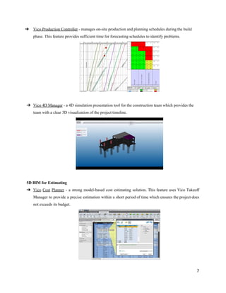 ➔ Vico​ ​Production​ ​Controller​​ ​-​ ​manages​ ​on-site​ ​production​ ​and​ ​planning​ ​schedules​ ​during​ ​the​ ​build
phase.​ ​This​ ​feature​ ​provides​ ​sufficient​ ​time​ ​for​ ​forecasting​ ​schedules​ ​to​ ​identify​ ​problems.
➔ Vico​ ​4D​ ​Manager​​ ​-​ ​a​ ​4D​ ​simulation​ ​presentation​ ​tool​ ​for​ ​the​ ​construction​ ​team​ ​which​ ​provides​ ​the
team​ ​with​ ​a​ ​clear​ ​3D​ ​visualization​ ​of​ ​the​ ​project​ ​timeline.
5D​ ​BIM​ ​for​ ​Estimating
➔ Vico Cost Planner - a strong model-based cost estimating solution. This feature uses Vico Takeoff
Manager to provide a precise estimation within a short period of time which ensures the project does
not​ ​exceeds​ ​its​ ​budget.
7
 