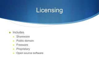 Licensing


S Includes
  S Shareware
  S Public domain
  S Freeware
  S Proprietary
  S Open source software
 