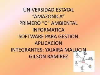 UNIVERSIDAD ESTATAL
        “AMAZONICA”
   PRIMERO “C” AMBIENTAL
        INFORMATICA
   SOFTWARE PARA GESTION
         APLICACION
INTEGRANTES: YAJAIRA MALUCIN
       GILSON RAMIREZ
 