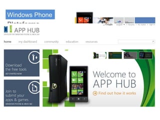 Windows Phone
Plataforma



• Desenvolvimento para Windows Phone 7
• Ferramenta e emulador completo para desenvolvimento

• App hub – estimula a criação de aplicativos e é ótima
  oportunidade para vender suas idéias mobile.

• Windows Phone 7 Training Course -
  http://tinyurl.com/campus11-1
 