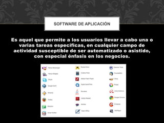 SOFTWARE DE APLICACIÓN 
Es aquel que permite a los usuarios llevar a cabo una o 
varias tareas especificas, en cualquier campo de 
actividad susceptible de ser automatizado o asistido, 
con especial énfasis en los negocios. 
 