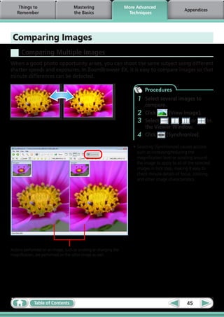 Things to                        Mastering                     More Advanced
                                                                                                  Appendices
   Remember                          the Basics                      Techniques




 Comparing Images
      Comparing Multiple Images
When a good photo opportunity arises, you can shoot the same subject using different
shutter speeds and exposures. In ZoomBrowser EX, it is easy to compare images so that
minute differences can be detected.

                                                                            Procedures
                                                                        1   Select several images to
                                                                            compare.
                                                                        2   Click     [View Image].
                                                                        3   Select    ,    ,   or              in
                                                                            the Viewer Window.
                                                                        4   Click    [Synchronize].

                                                                      •	Selecting [Synchronize] causes actions
                                                                        such as increasing/reducing the
                                                                        magnification level or scrolling around
                                                                        the image to apply to all of the selected
                                                                        images in lock step, making it easy to
                                                                        check minute details of focus, coloring
                                                                        and other image characteristics.  




Actions performed on an image, such as scrolling or changing the
magnification, are performed on the other image as well.




             Table of Contents                                                                      45
 
