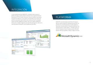 INTEGRACIÓN
La funcionalidad que ofrece NAVIHOTEL contempla todas las áreas de
gestión del negocio hotelero, desde la recepción hasta la gestión financiera,
pasando por los TPV’S táctiles, almacenes, central de compras, Spa, eventos,
encuestas de calidad, etc. Y por supuesto, esta enlazado con el conjunto de
                                                                                PLATAFORMA
periféricos que puede tener un hotel, como sistemas de Pay-TV, centralitas,
tarjetas de banda magnética, escáneres, entre otros. Además, NAVIHOTEL          NAVIHOTEL está desarrollada sobre Microsoft Dynamics
disfruta de la completa integración que posee Microsoft Dynamics NAV con el     NAV, una solución de gestión empresarial que permite a las
resto de productos Microsoft, como las aplicaciones de Office.                  personas de su empresa gestionar las ventas, logística y
                                                                                fabricación, recursos humanos y financieros desde una sola
                                                                                aplicación. Más de 73.000 clientes y 1.250.000 usuarios en
                                                                                más de 130 países de todo el mundo ya utilizan Microsoft
                                                                                Dynamics NAV para ayudarles a dirigir su negocio con éxito.




                                                                                                                                              3
 