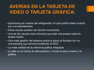 AVERÍAS EN LA TARJETA DE
  VIDEO O TARJETA GRÁFICA:

 Quemarse por muerte del refrigerador, el cual podría haber muerto
  por una sobretensión.
 Otras causas pueden ser drivers incorrectos.
 Una de las causas mas comunes que este mal puesta sobre la
  tarjeta madre.
 Una mala gestión del sistema sobre la placa al forzarla con un
  overclocking que termina fundiendo el GPU.
 La mala calidad de la memoria gráfica integrada.
 un fallo en la fuente de alimentación y funde la placa madre y la
  gráfica.
 
