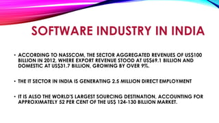 • ACCORDING TO NASSCOM, THE SECTOR AGGREGATED REVENUES OF US$100
BILLION IN 2012, WHERE EXPORT REVENUE STOOD AT US$69.1 BILLION AND
DOMESTIC AT US$31.7 BILLION, GROWING BY OVER 9%.
• THE IT SECTOR IN INDIA IS GENERATING 2.5 MILLION DIRECT EMPLOYMENT
• IT IS ALSO THE WORLD'S LARGEST SOURCING DESTINATION, ACCOUNTING FOR
APPROXIMATELY 52 PER CENT OF THE US$ 124-130 BILLION MARKET.
SOFTWARE INDUSTRY IN INDIA
 