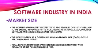 SOFTWARE INDUSTRY IN INDIA
•MARKET SIZE
THE INDIAN IT-BPM INDUSTRY IS EXPECTED TO ADD REVENUES OF US$ 13-14 BILLION
TO THE EXISTING REVENUES BY FY15, ACCORDING TO NATIONAL ASSOCIATION OF
SOFTWARE AND SERVICES COMPANIES (NASSCOM).
THE INDUSTRY GREW AT A COMPOUND ANNUAL GROWTH RATE (CAGR) OF 13.1
PER CENT DURING FY08-13.
TOTAL EXPORTS FROM THE IT-BPM SECTOR (EXCLUDING HARDWARE) WERE
ESTIMATED AT US$ 76 BILLION DURING FY13.
 