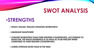 •STRENGTHS
HIGHLY SKILLED, ENGLISH-SPEAKING WORKFORCE.
ABUNDANT MANPOWER
CHEAPER WORKFORCE THAN THEIR WESTERN COUNTERPARTS. ACCORDING TO
NASSCOM, THE WAGE DIFFERENCE IS AS HIGH AS 70-80 PERCENT WHEN
COMPARED TO THEIR WESTERN COUNTERPARTS.
LOWER ATTRITION RATES THAN IN THE WEST.
SWOT ANALYSIS
 