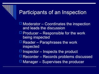 Participants of an Inspection
 Moderator – Coordinates the inspection
and leads the discussion
 Producer – Responsible for the work
being inspected
 Reader – Paraphrases the work
inspected
 Inspector – Inspects the product
 Recorder – Records problems discussed
 Manager – Supervises the producer
 
