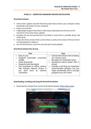 32COLLEGE OF COMPUTER STUDIES
My Teacher Got IT v2.0
PHASE 11 – COMPUTER HARDWARE DRIVERS INSTALLATION
DriverPack Solution
 A free driver updater tool that finds the proper device drivers your computer needs,
downloads and installs it to your computer
 Easy to use and free
 A lightweight program that doesn't take long to download and connects to the
internet for free online driver updates
 portable and can be launched from any folder or hard drive or portable device, like
a flash drive
 Shows the driver version of the current driver as well as the version of the one that it
can downloaded to replace it
 Can list all the drivers, even the ones that don't need updated
DriverPack Solution Pros & Cons
Pros Cons
 Easy to use
 Supports automated, no-prompt
installs
 Quick downloads
 Supports bulk downloads
 Can download an offline version
that includes network drivers if
you don't have an internet
connection
 Cannot hide drivers from showing
up in future scans
 No option for scheduled scans
 Sometimes seems slower than it
should
 Includes a tool that can download
recommended software, but you
might accidentally click it and get
programs you don't want
Downloading, Installing and Using the DriverPack Solution
1. Download the compact free version of DrivePack Solution (https://drp.su/en)
 