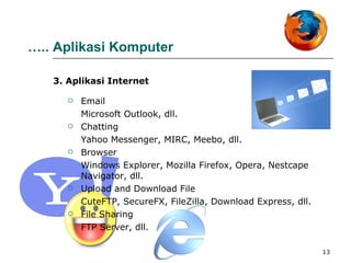 Email Microsoft Outlook, dll. Chatting Yahoo Messenger, MIRC, Meebo, dll. Browser Windows Explorer, Mozilla Firefox, Opera, Nestcape Navigator, dll. Upload and Download File CuteFTP, SecureFX, FileZilla, Download Express, dll. File Sharing  FTP Server, dll. 3. Aplikasi Internet … ..   Aplikasi Komputer 