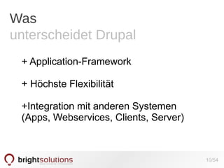 Was
unterscheidet Drupal
+ Application-Framework
+ Höchste Flexibilität
+Integration mit anderen Systemen
(Apps, Webservices, Clients, Server)

10/54

 